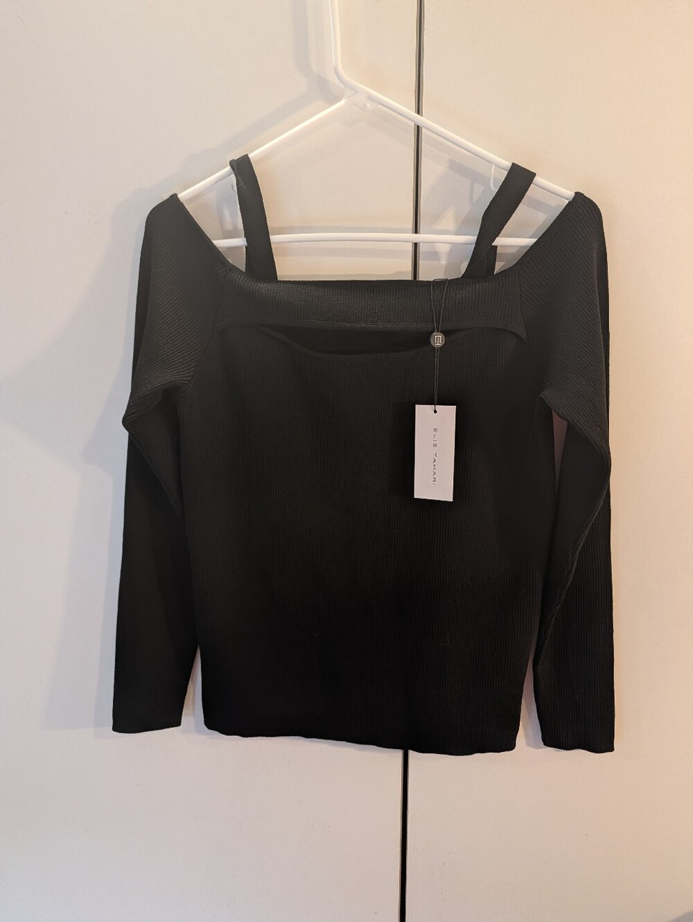 Elie Tahari Woman's XL Black Off-Shoulder Ribbed Long-Sleeve Top NWT